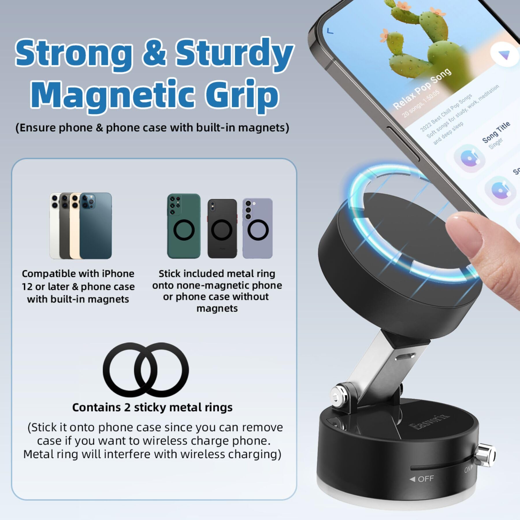 Universal Vacuum Magnetic Phone Holder with Metal Ring - Compatible with iPhone & All Smartphones | Portable, Collapsible Car Mount & Gym Stand | Includes Windshield Suction Cup for Secure Use While Driving, Working Out, or Traveling