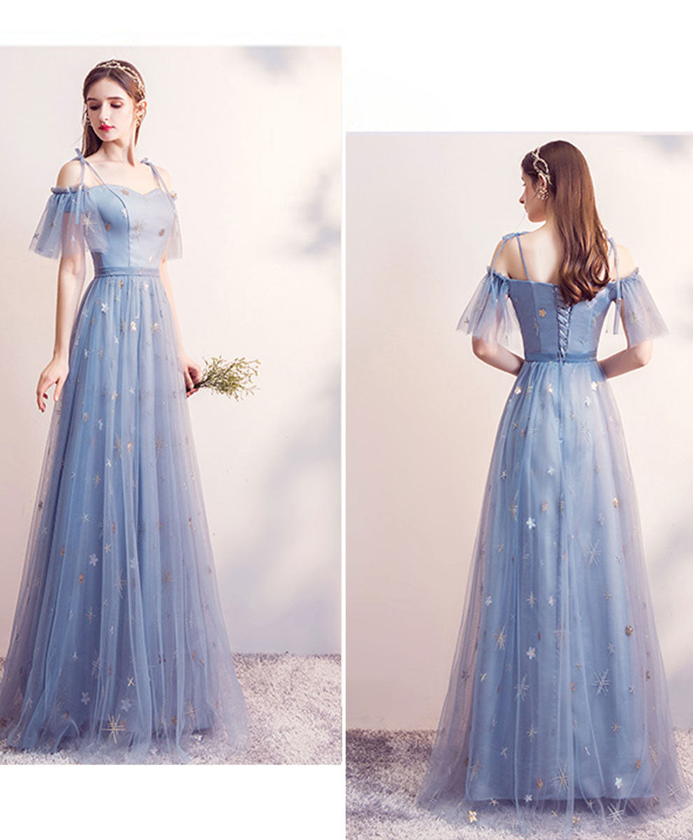 Elegant Blue Tulle Long Prom Dress & A-Line Bridesmaid Gown - Perfect for Formal Dances, Weddings, and Special Occasions