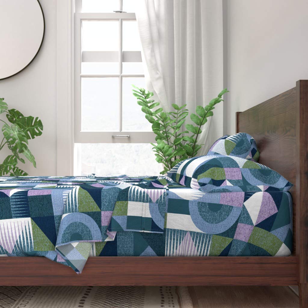 Premium 100% Cotton King Size 4-Piece Sheet Set - Blue Art Deco Geometric Print Bedding | Soft Breathable Luxury Bed Sheets for Home & Hotel Use