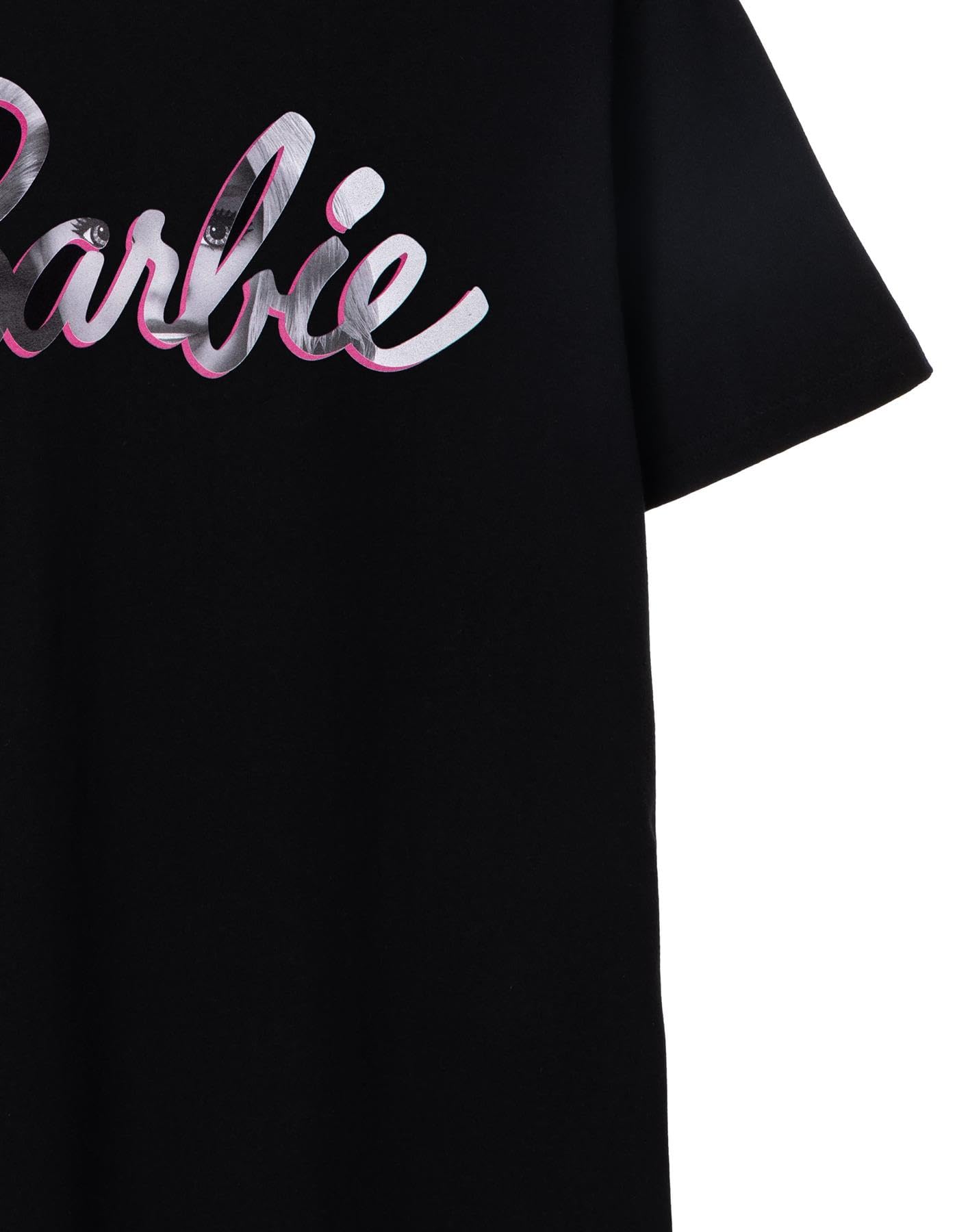 Barbie Women's Short Sleeve Graphic T-Shirt - Classic White & Pink Logo on Black Oversized Tee | Cute Doll-Themed Apparel for Casual Wear, Cosplay & Barbie Fans