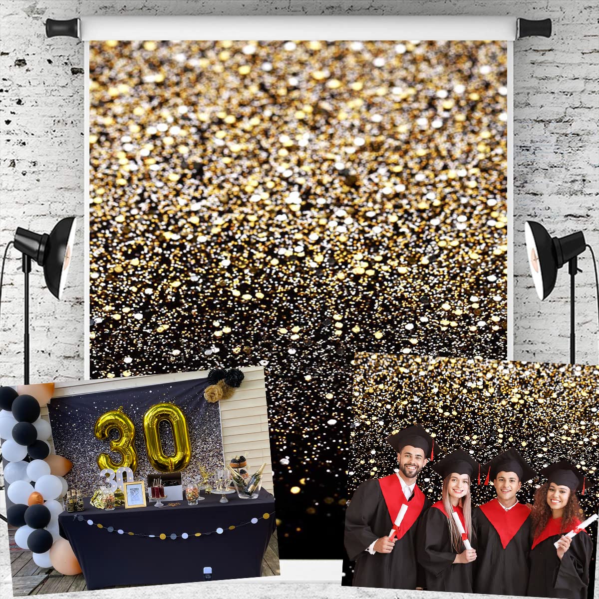5x7FT Gold Glitter Sequin Photography Backdrop - Black & Gold Bokeh Background for Graduation, Birthday, Wedding, Newborn Photo Studio Props | Party Decoration & Event Photography Scenes