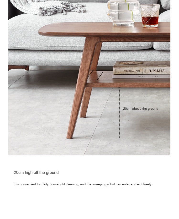 Solid Oak Wood Walnut Finish Double Layer Coffee Table - Modern Living Room Furniture for Home Decor & Small Space
