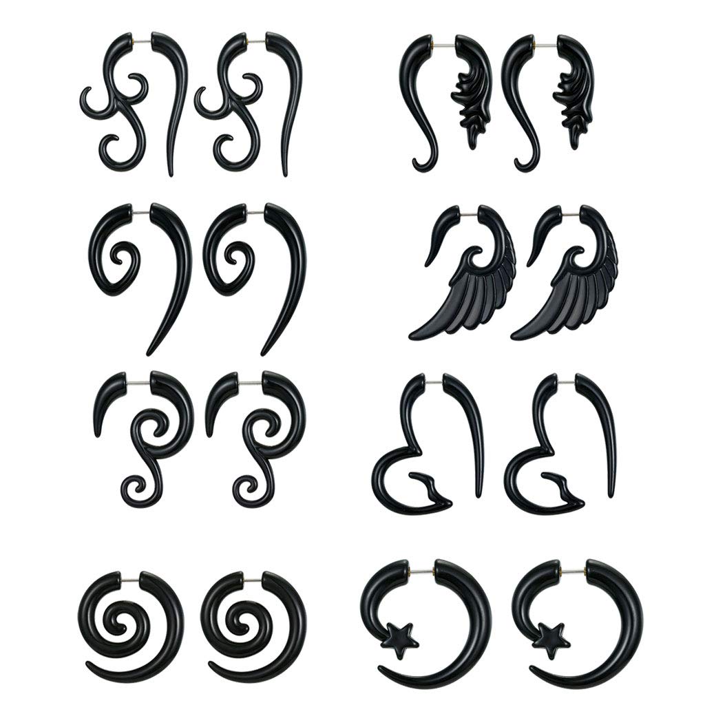 8 Pairs 16G Spiral Fake Gauges Acrylic Ear Tapers - Fake Plugs Horn Stud Earrings for Stretching (Black) | Perfect for Body Piercing, Costume Jewelry & Alternative Fashion