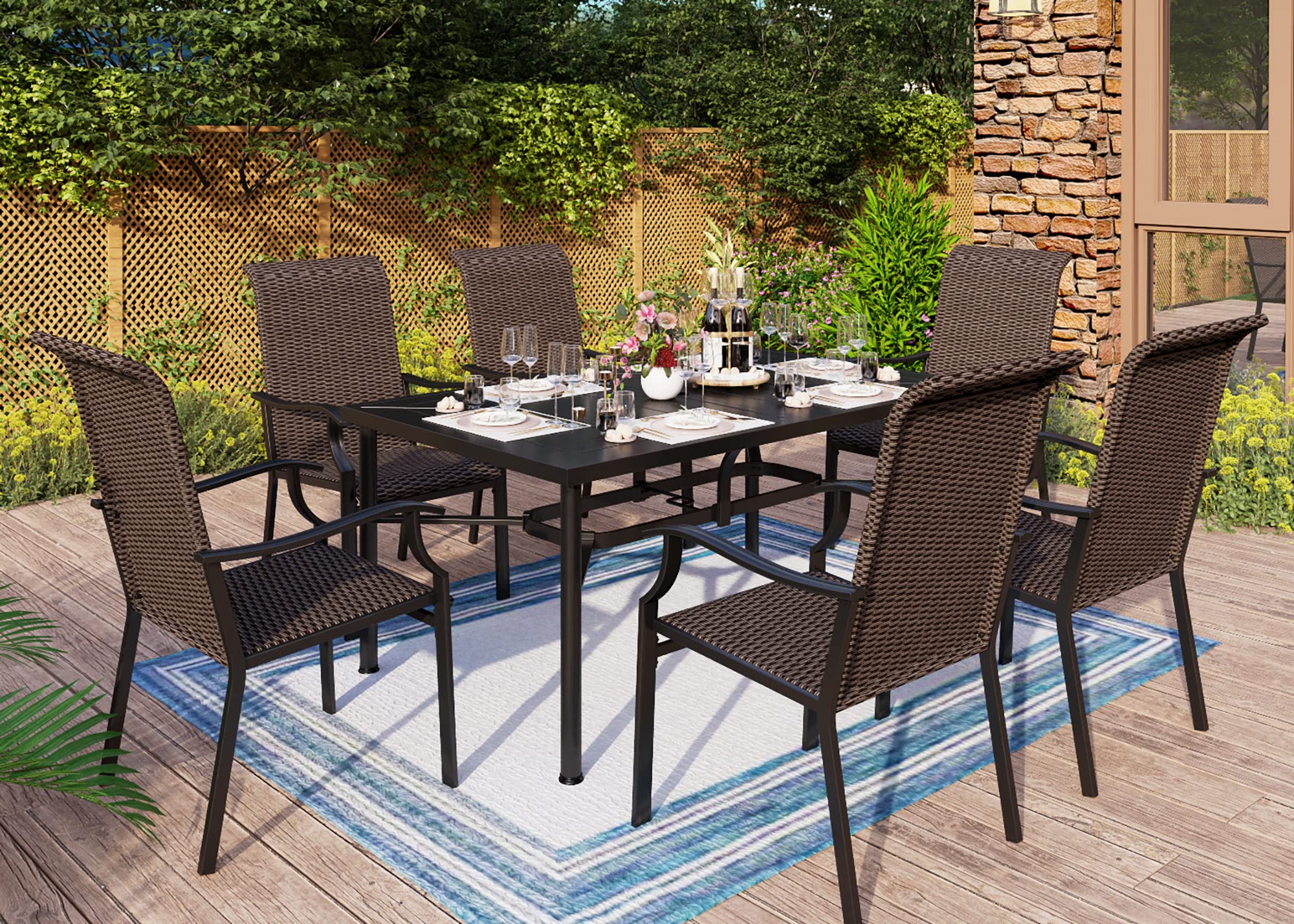 MFSTUDIO 7-Piece Outdoor Dining Set - Black Metal Rectangular Table with 6 Rattan Wicker High-Back Chairs, Patio Furniture for Garden, Backyard, and Poolside Entertaining