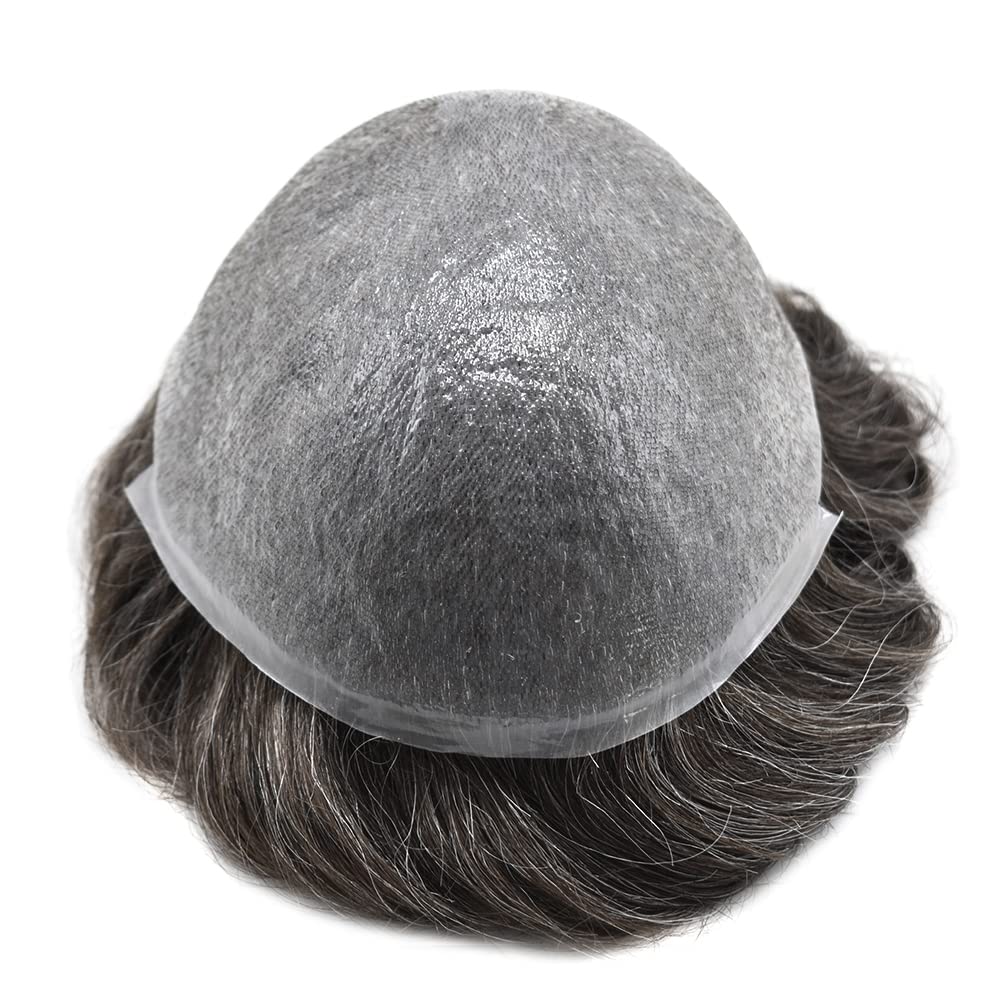 PU Skin Toupee for Men - 0.06mm Ultra Thin European Human Hair System with V-Loop Gray Hairpieces | Natural Looking Hair Replacement for Balding & Thinning Hair - Perfect for Daily Wear, Work & Social Events