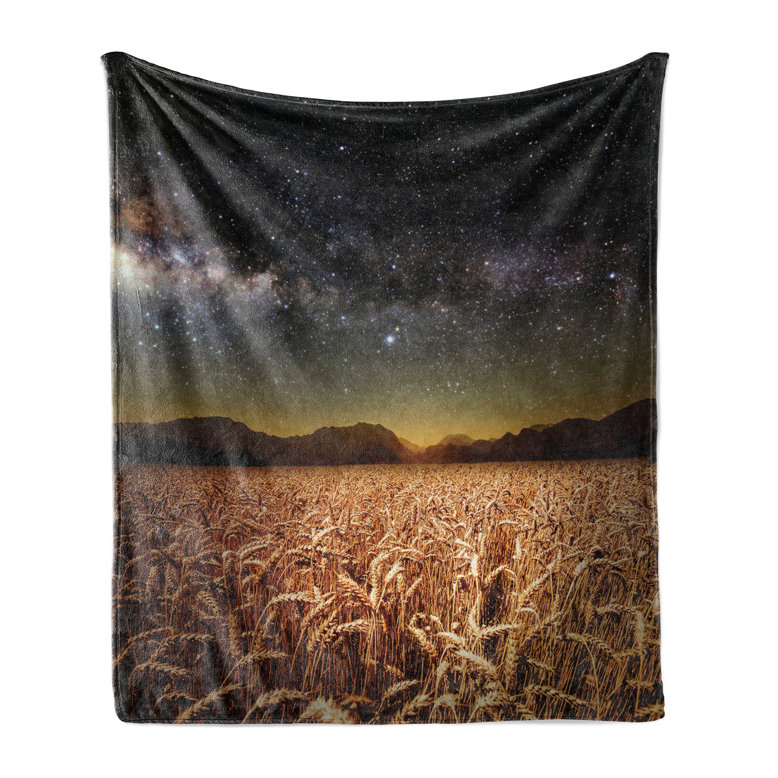 Ambesonne Space Themed Throw Blanket - Wheat Field Meadow Under Starry Sky, Twilight Harvesting Rural Art Print - Soft Flannel Fleece Blanket for Couch, Bed, Sofa - 70
