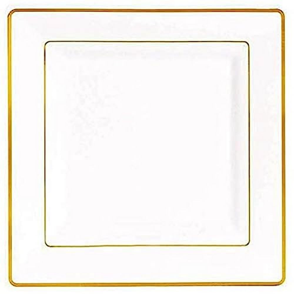 Elegant White Gold-Rimmed Square Edge Disposable Plastic Dinner Plates - 9.5 Inch (10-Pack) for Wedding, Party, Birthday, Anniversary & Holiday Celebrations - Premium Disposable Tableware for Catering, Events & Home Use