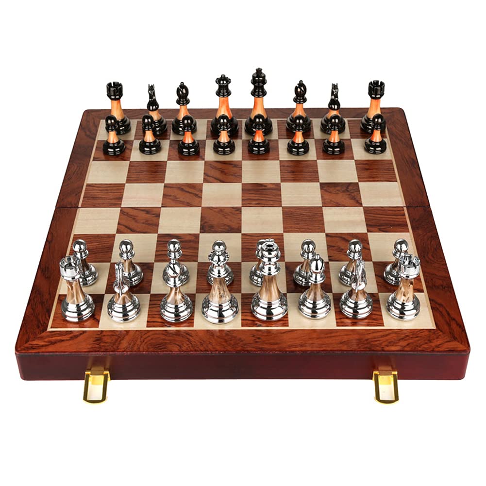 Premium Wooden Folding Chess Set with Retro Metal Alloy Pieces - Portable Travel Board Game for Adults & Kids | Perfect Gift for Chess Lovers, Family Game Nights & Office Decor