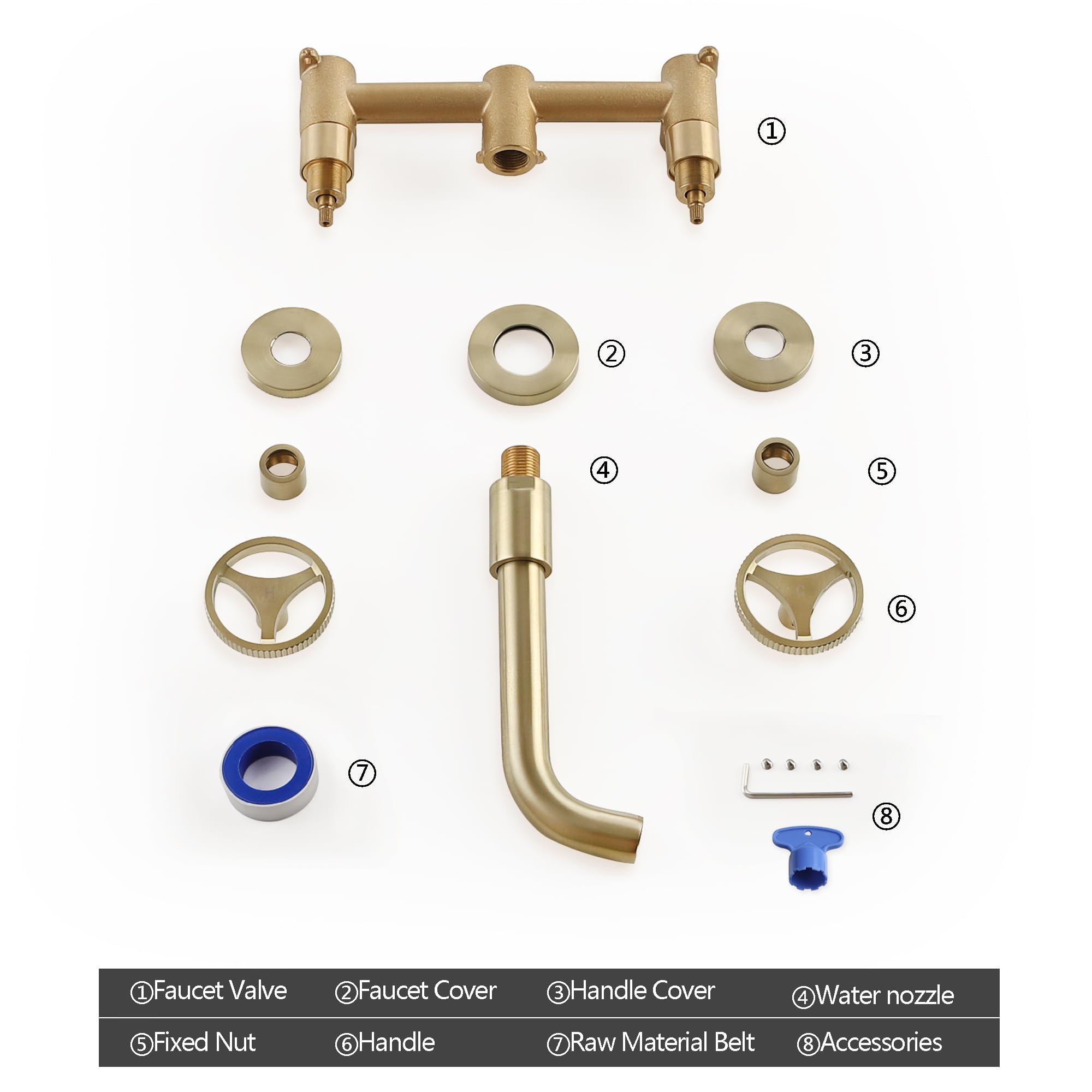 SKOWLL 3 Hole Widespread Bathroom Sink Faucet - Brushed Gold Brass Vessel Faucet with 360° Swivel Spout, Wall Mounted Modern Design for Bathroom Vanity & Powder Room