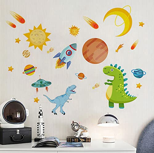Dinosaur Outer Space Wall Decals - Dino Rocket Spaceship Wall Stickers for Kids Room, Nursery & Classroom Decor | Solar System & Animal Planet Theme | Perfect for Bedroom, Playroom & Learning Spaces