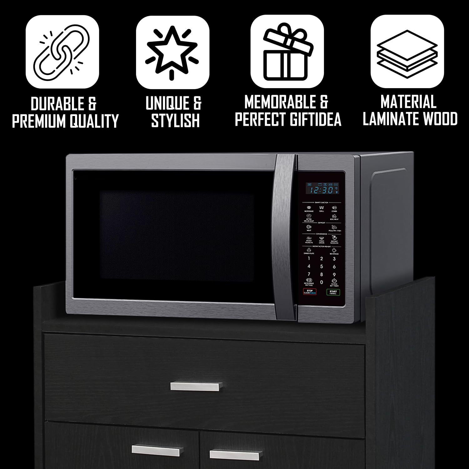 Kings Brand Kitchen Cabinet Rolling Cart with Wheels - Microwave Shelf Stand with Drawer & 2 Doors for Kitchen & Dining Room - Black | Space-Saving Storage Solution for Small Kitchens & Apartment Living