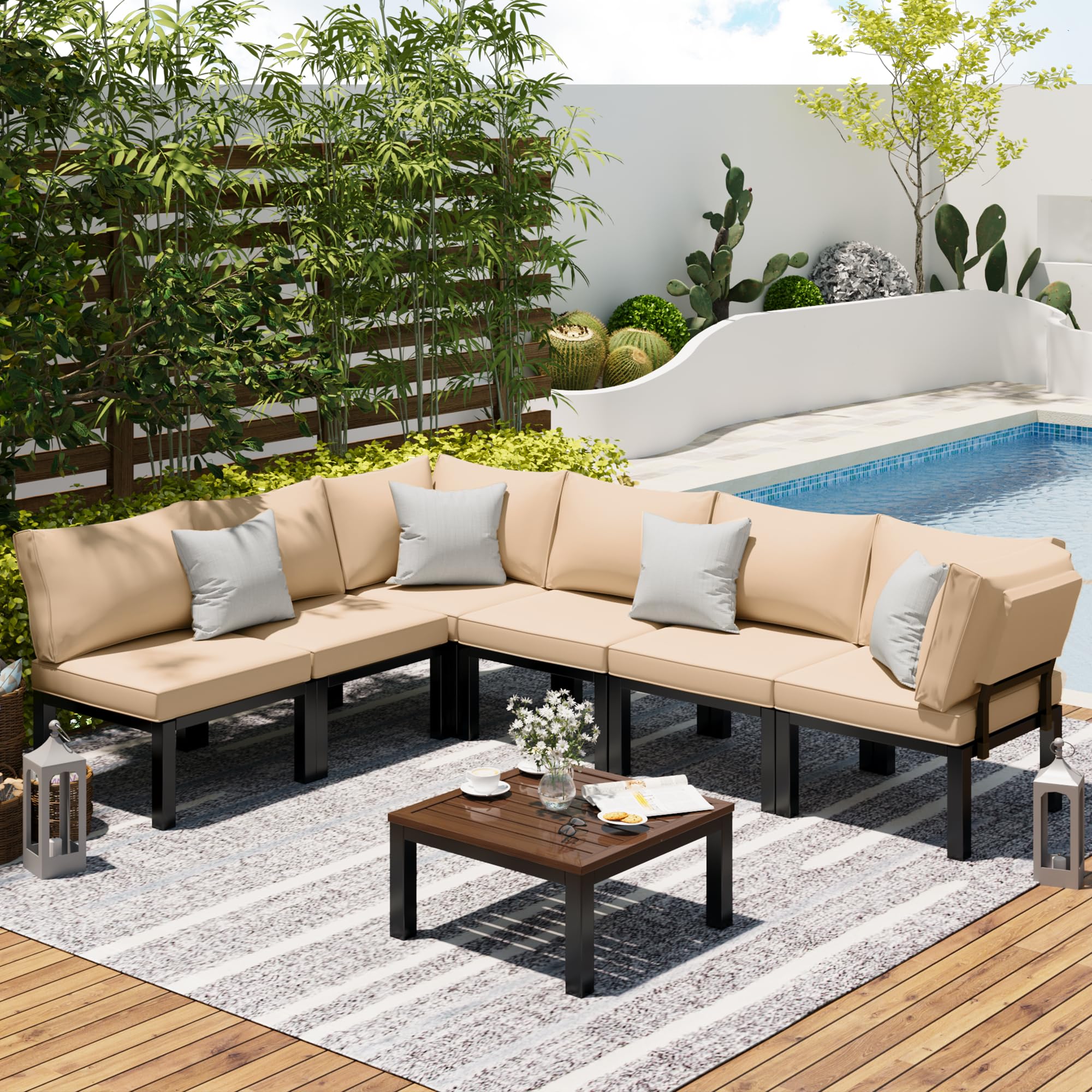 AECOJOY Outdoor Patio Furniture Set - 5-Piece Metal Sectional Conversation Sofa with Beige Cushions, Black Wrought Iron Garden Furniture for Backyard, Poolside & Deck Relaxation