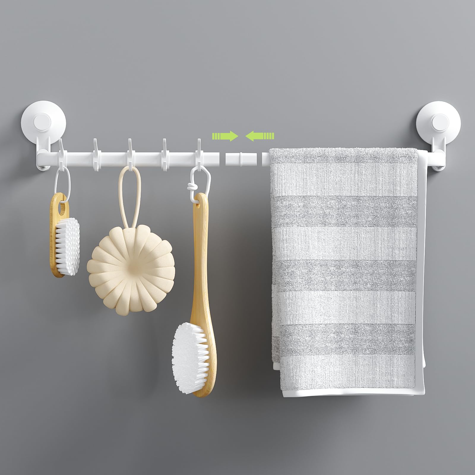 LUXEAR 24 Inch No Drill Suction Cup Towel Bar - Adhesive Bathroom Towel Holder with 5 Sliding Hooks - Wall Mounted for Shower, Bathroom, Kitchen & Door - White - Perfect for Small Spaces & Rental Homes