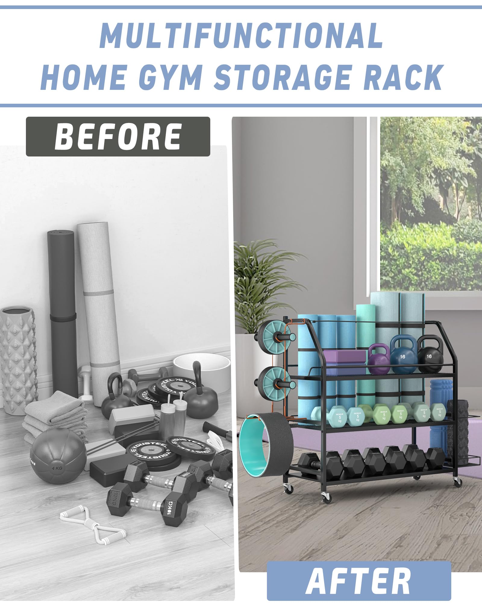 Staransun Adjustable Dumbbell Weight Rack - Heavy Duty Home Gym Storage Organizer with 4 Locking Wheels & Dual-Sided Design - Perfect for Garage, Basement, and Home Workout Spaces