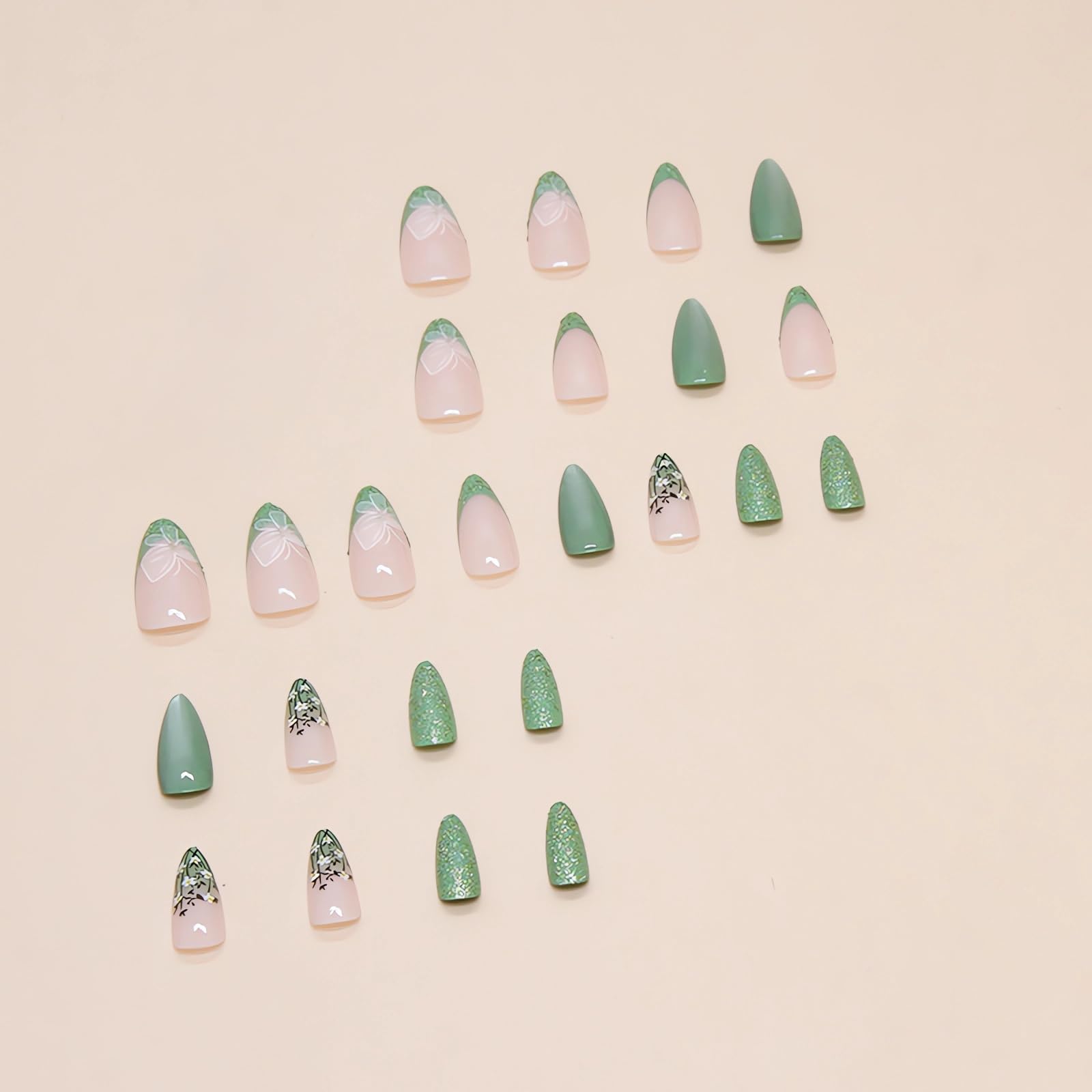 Green Press On Nails - Medium Almond Shape False Nails with Butterfly & Flower Designs, French Tip Glossy Pink White Ombre, Reusable Fake Nails for Women & Girls | Perfect for Parties, Weddings, Date Nights & Special Occasions