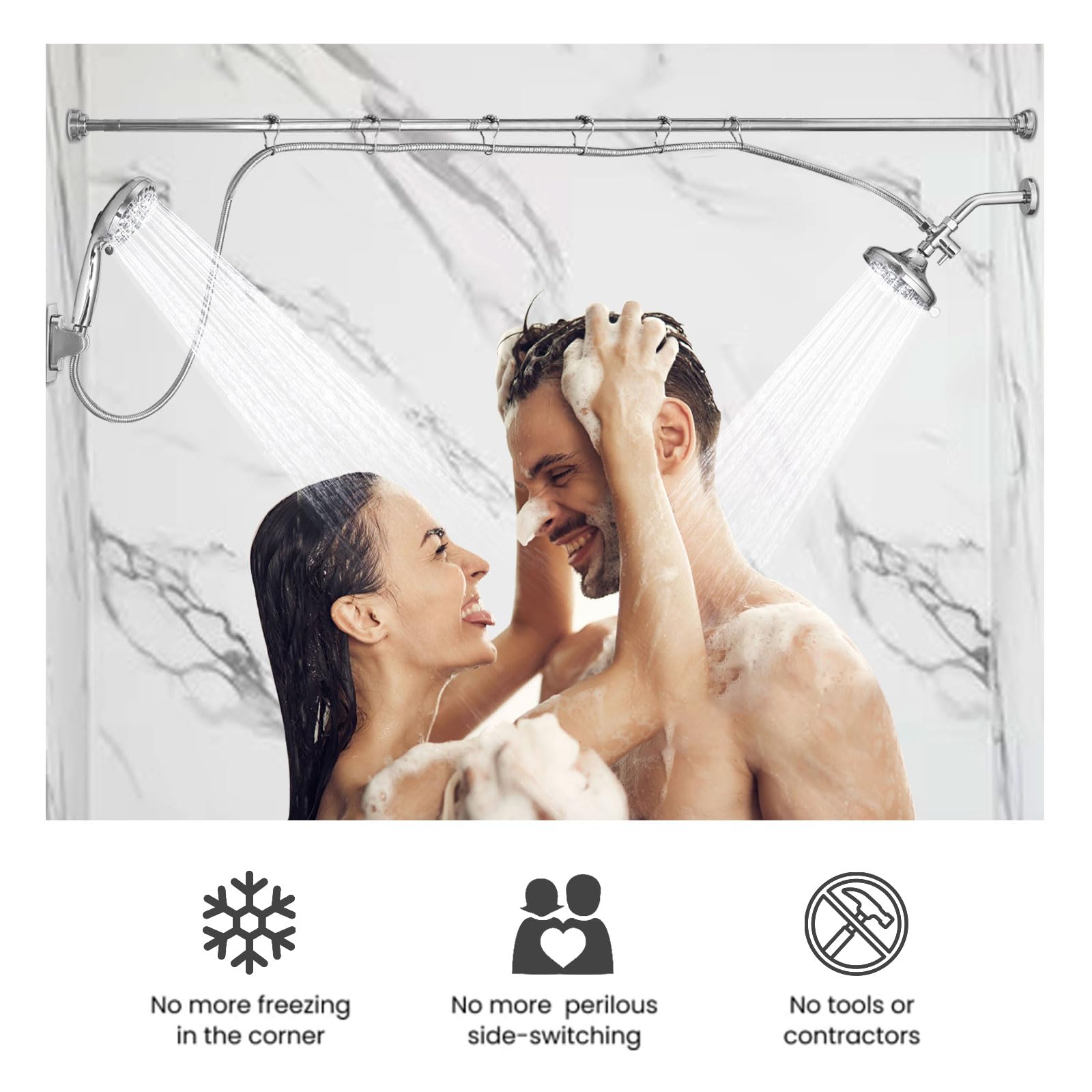 Double Shower Head for Couples - High Pressure Dual Showerhead Combo with Adjustable Height Shower Rod & Hooks - 10-Setting & 9-Setting Handheld Shower Heads in Chrome - Perfect for Master Bathrooms, Spa-Like Showers, and Couples' Relaxation Time