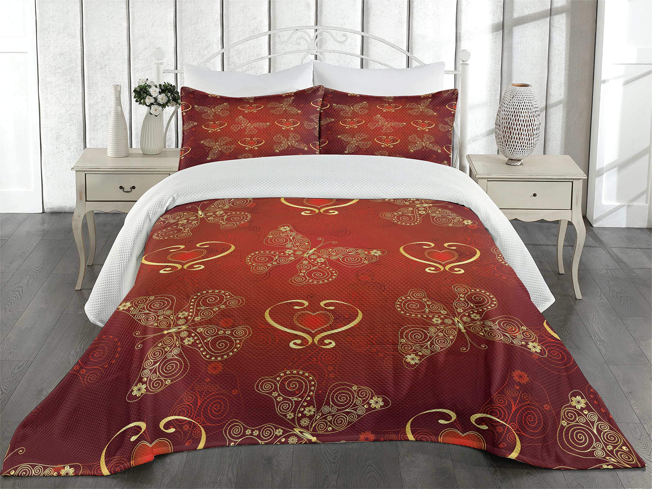 Lunarable Maroon King Size Coverlet Set - Romantic Swirled Lines, Ornate Lace Style with Butterflies & Hearts - 3-Piece Quilted Bedspread Set Includes 2 Pillow Shams in Yellow Vermilion - Perfect for Valentine's Day, Master Bedroom Decor & Cozy Home Styling