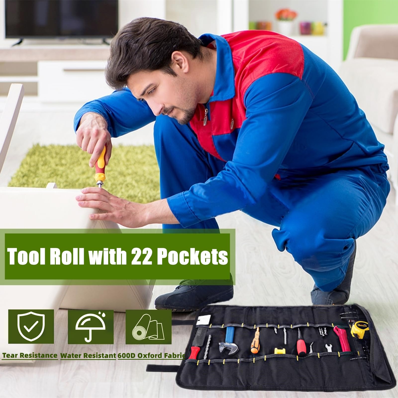 BLIRITEL 22-Pocket Heavy Duty Oxford Tool Roll Bag - Wrench Organizer Pouch for 10 Sockets - Mechanic Electrician Craftsman Tool Storage (Black) - Perfect for Garage, Workshop & On-the-Go Repairs