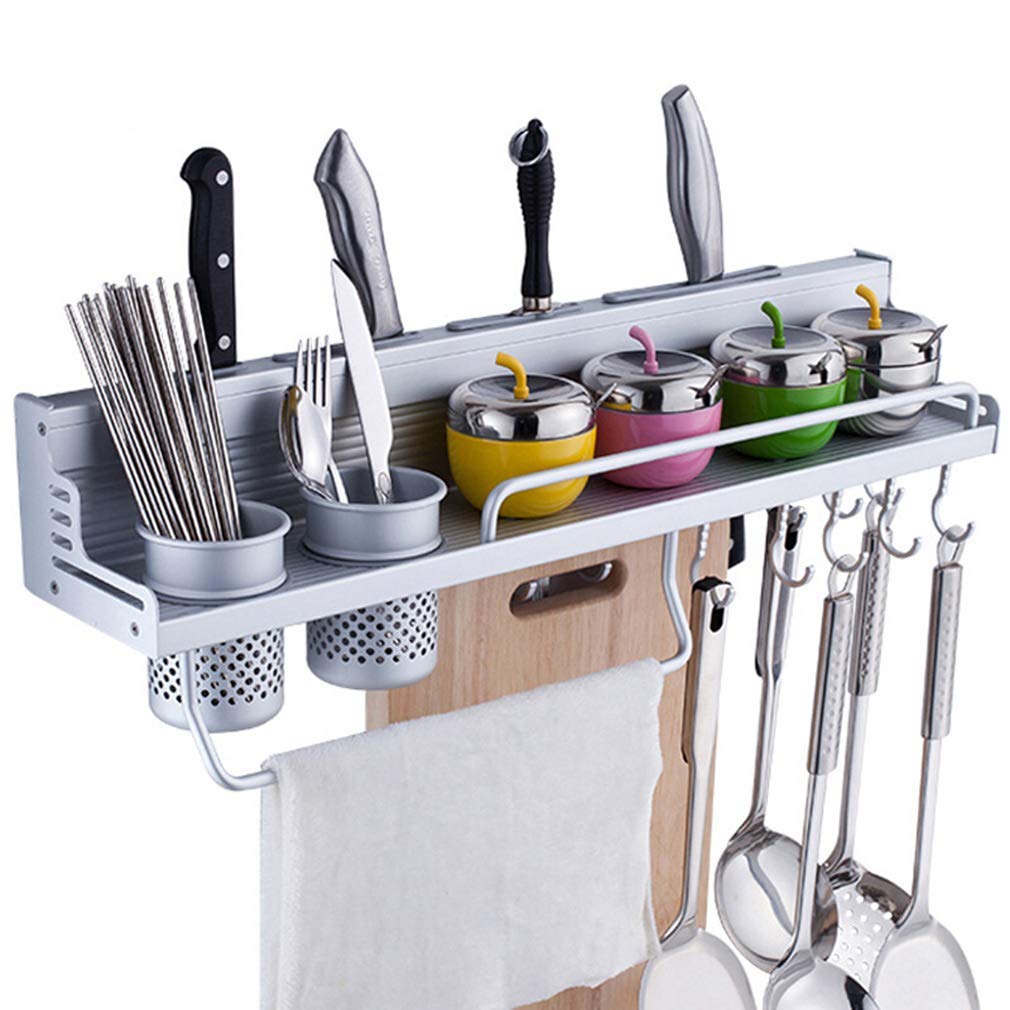 Stainless Steel Wall Mounted Kitchen Utensil Holder - Multi-Functional Organizer for Knives, Spices, Towels & More with Hooks - Perfect for Small Kitchens, Apartments & RVs