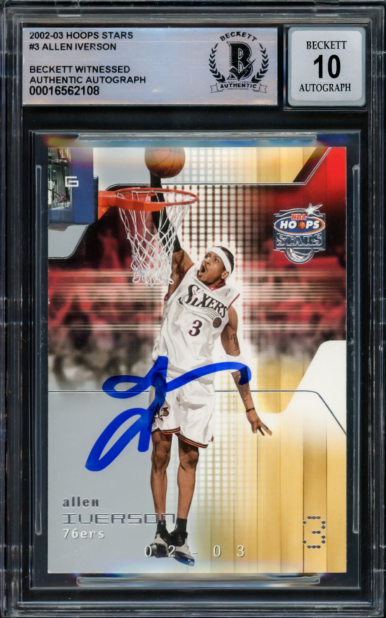 Allen Iverson Autographed 2002-03 Hoops Stars Basketball Card #3 - Philadelphia 76ers Auto Beckett BAS Gem Mint 10 (Certified #16562108) - Perfect for NBA Memorabilia Collectors & 76ers Fans