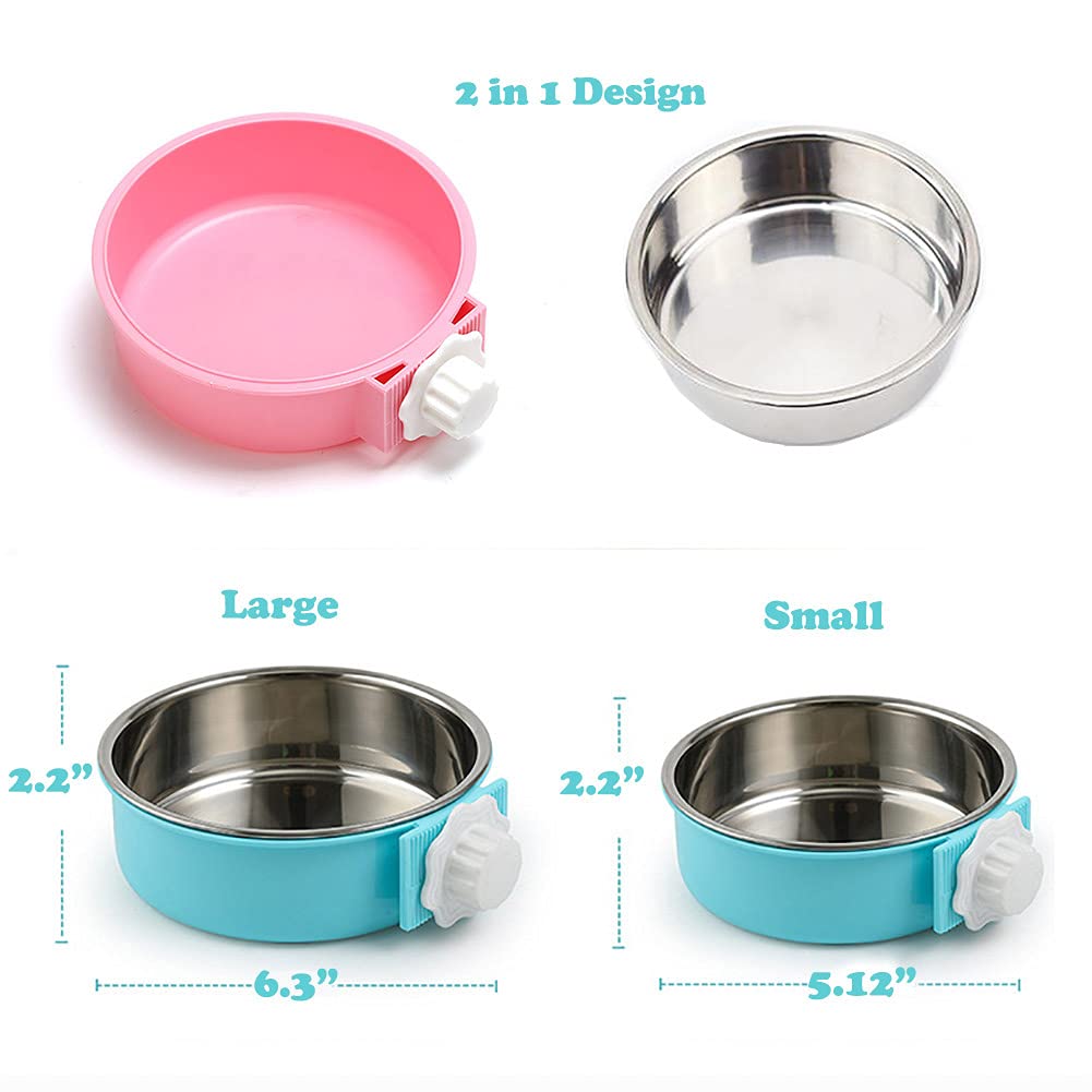 Love Dream Crate Removable Stainless Steel Hanging Pet Bowls - Food & Water Feeder for Kennel, Cage, Coop - Perfect for Cats, Dogs, Rabbits & Small Animals (Large, Pink) - Ideal for Travel, Camping & Home Use