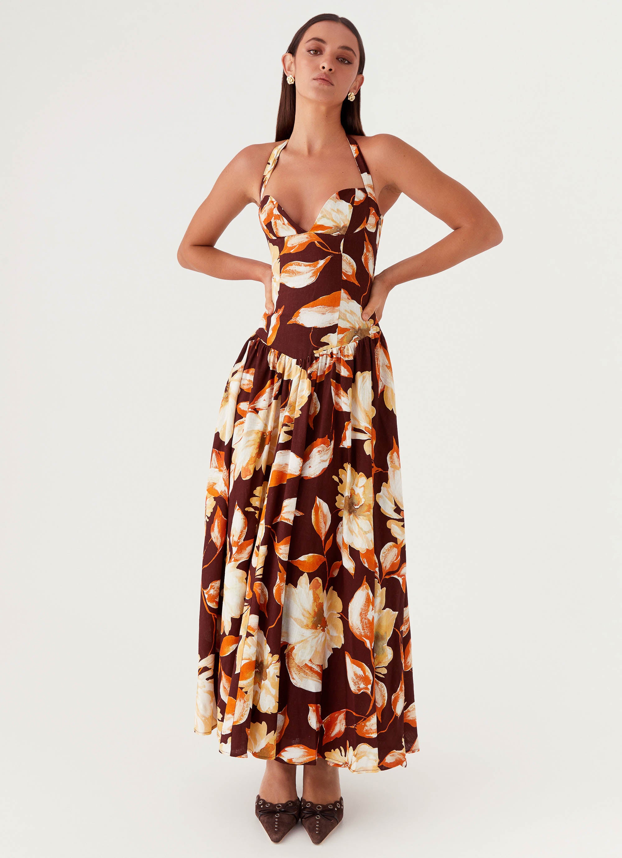 Dahlia Linen Maxi Dress - Brown Floral Print Summer Dress for Women | Boho Chic Beach Dress, Casual Sundress for Vacation & Outdoor Events
