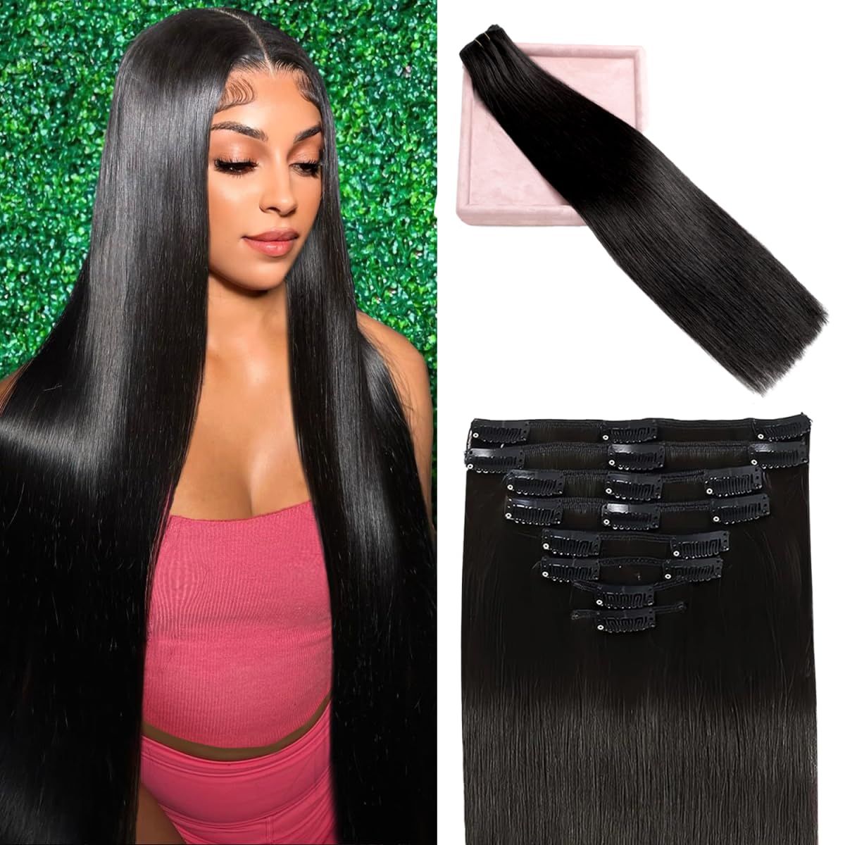 20 Inch 100% Brazilian Remy Human Hair Clip-in Extensions (8pcs Double Weft, 105g/3.7oz) - Natural Black #1B for Women | Perfect for Volume, Length & Styling for Parties, Weddings & Daily Wear