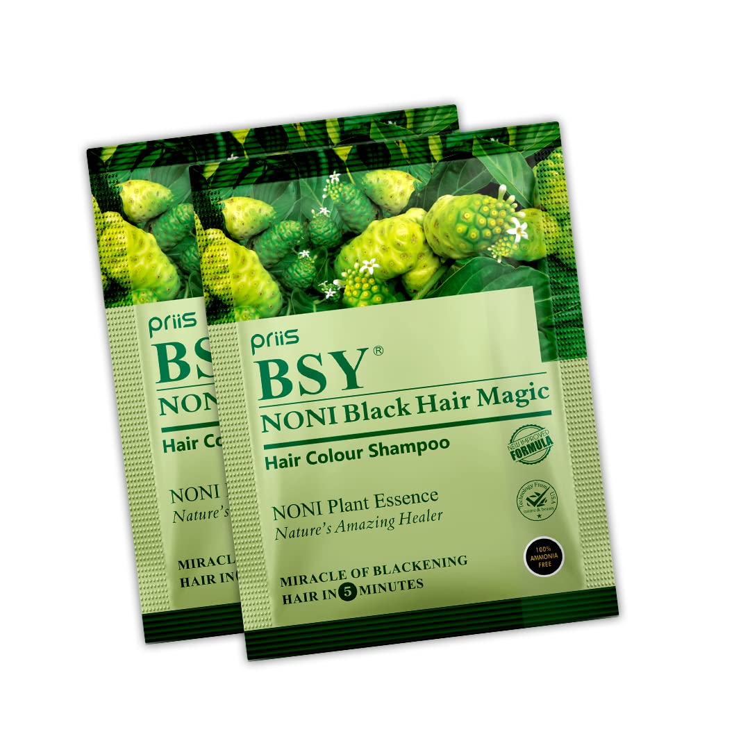 BSY Noni Black Hair Magic Hair Color Shampoo (20ml x 10 Sachets) - Ammonia Free Permanent Hair Dye for Men & Women | Natural Noni Fruit Extract | At-Home Hair Coloring Solution for Gray Coverage & Vibrant Black Shine