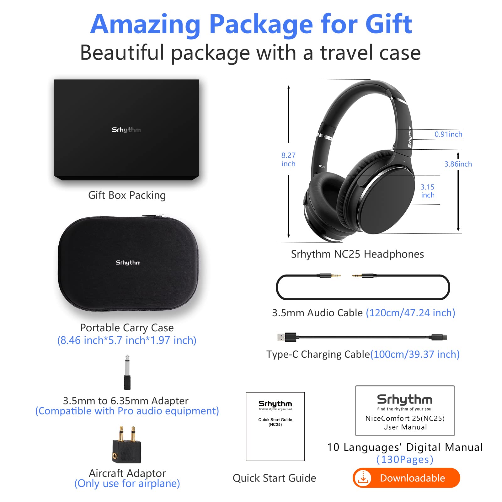 Srhythm NiceComfort 25 Hybrid Active Noise Cancelling Wireless Headphones Over-Ear with Low Latency & Transparency Mode - Perfect for Travel, Office Work, and Gaming
