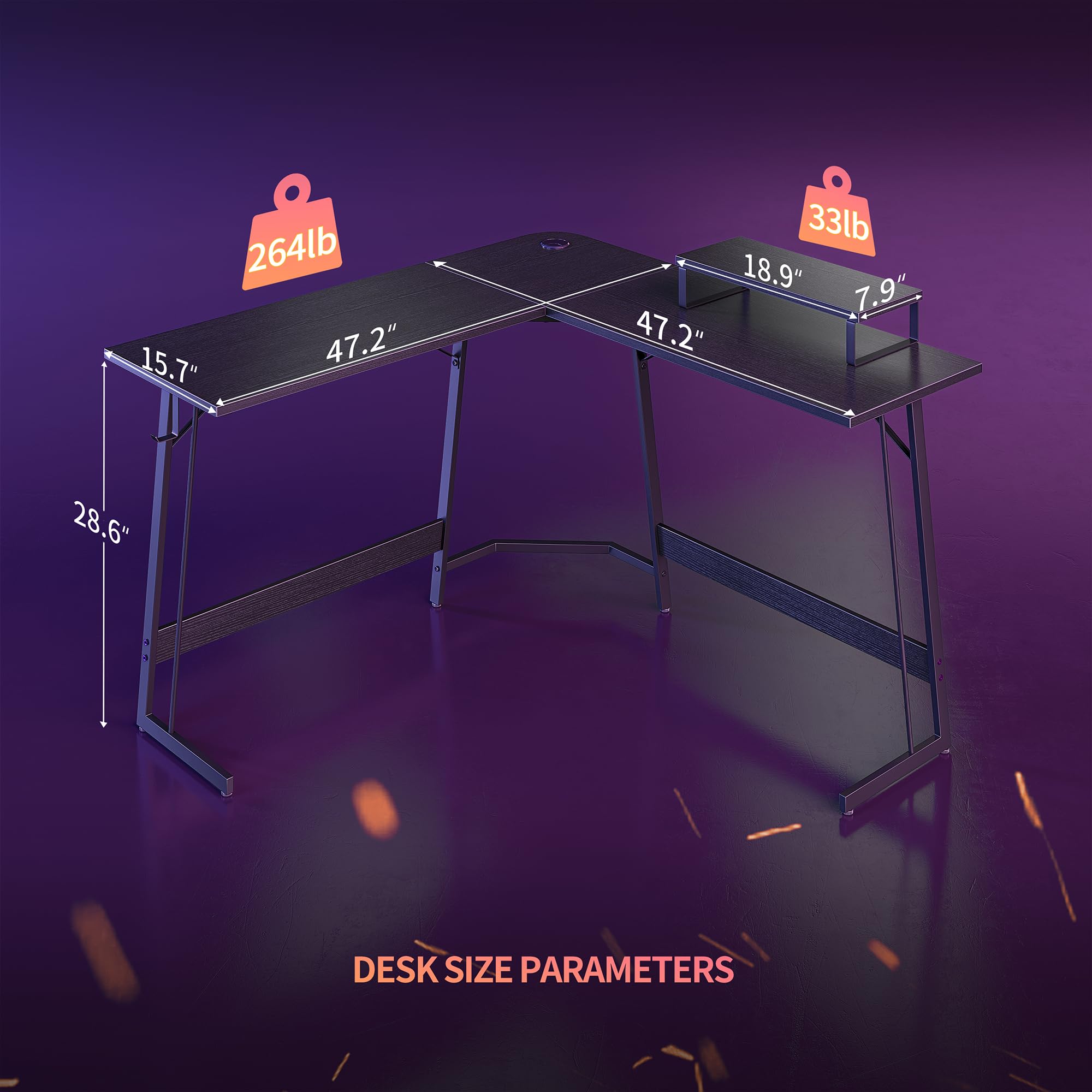 CubiCubi 47 Inch L-Shaped Gaming Desk with Monitor Stand - Sturdy Corner Computer Desk for Home Office, Gaming & Writing Workstation - Black | Perfect for Small Spaces & Multi-Monitor Setups
