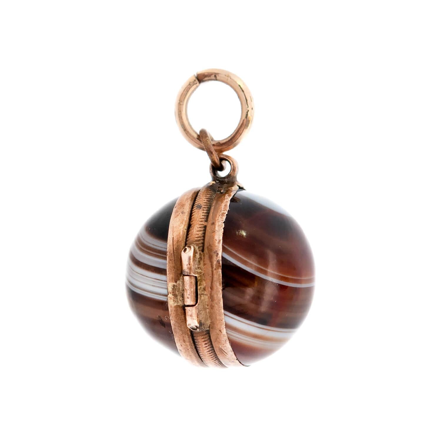 Victorian Style 10K Gold Banded Agate Ball Locket Pendant Necklace - Elegant Antique Jewelry for Women, Gift for Her, Valentine's Day & Anniversary Present