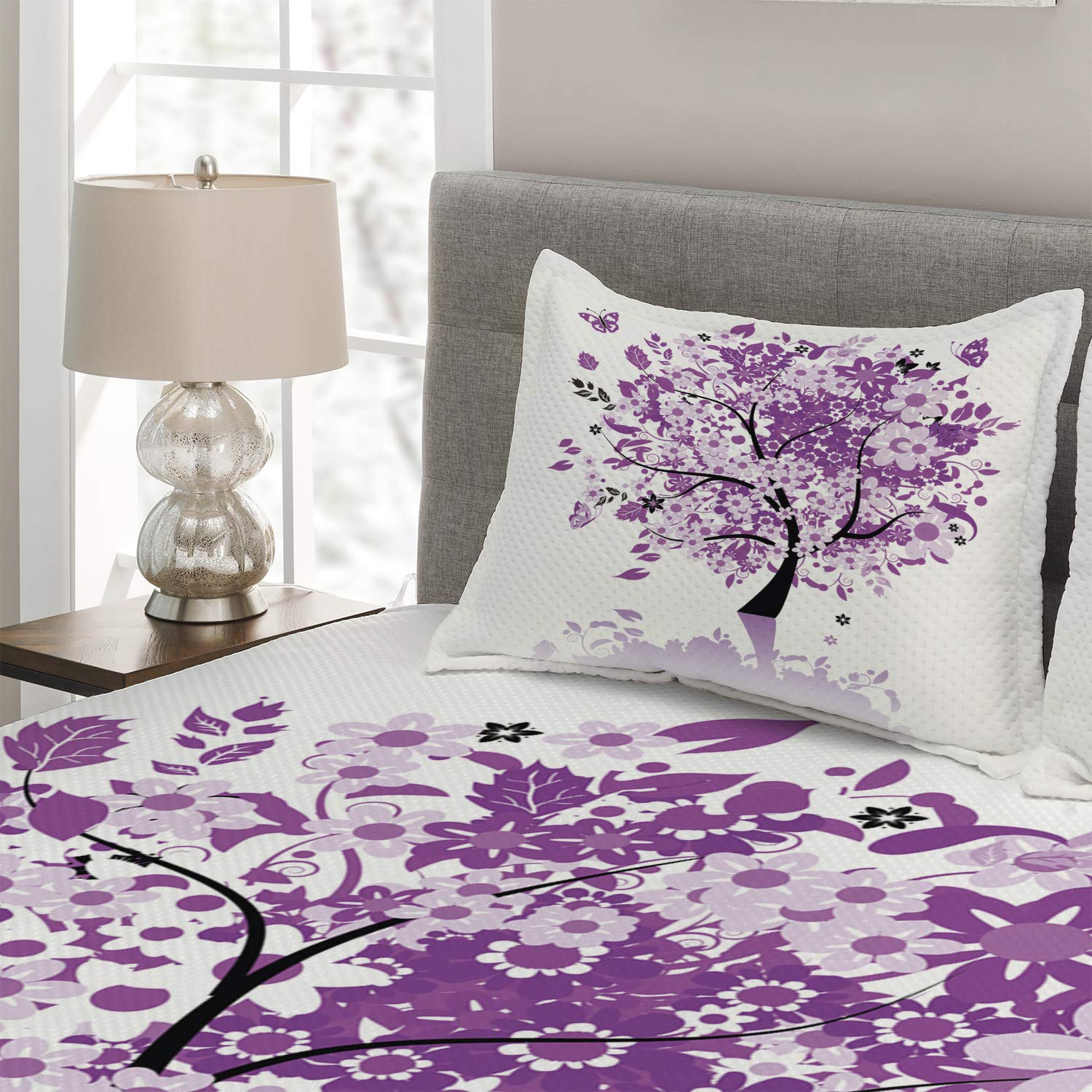 Ambesonne Nature King Size 3-Piece Quilted Bedspread Set - Spring Tree of Life Design with Blooming Flowers & Butterflies in Lilac Purple | Includes Coverlet & 2 Pillow Shams | Perfect for Master Bedroom, Guest Room Decor & Romantic Bedroom Themes