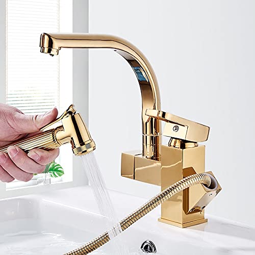 OMOONS Stainless Steel Pull Out Kitchen Faucet with Rotatable Mixer, Gold Deck Water Sink Tap for Bar, Farmhouse, and Commercial Use