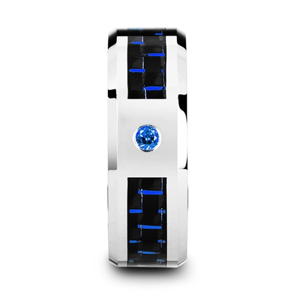 Men's Tungsten Wedding Ring with Black & Blue Carbon Fiber & Sapphire - Comfort Fit Beveled Edge - 8mm Wide - Neptune Style - Perfect for Engagement, Anniversary & Formal Occasions