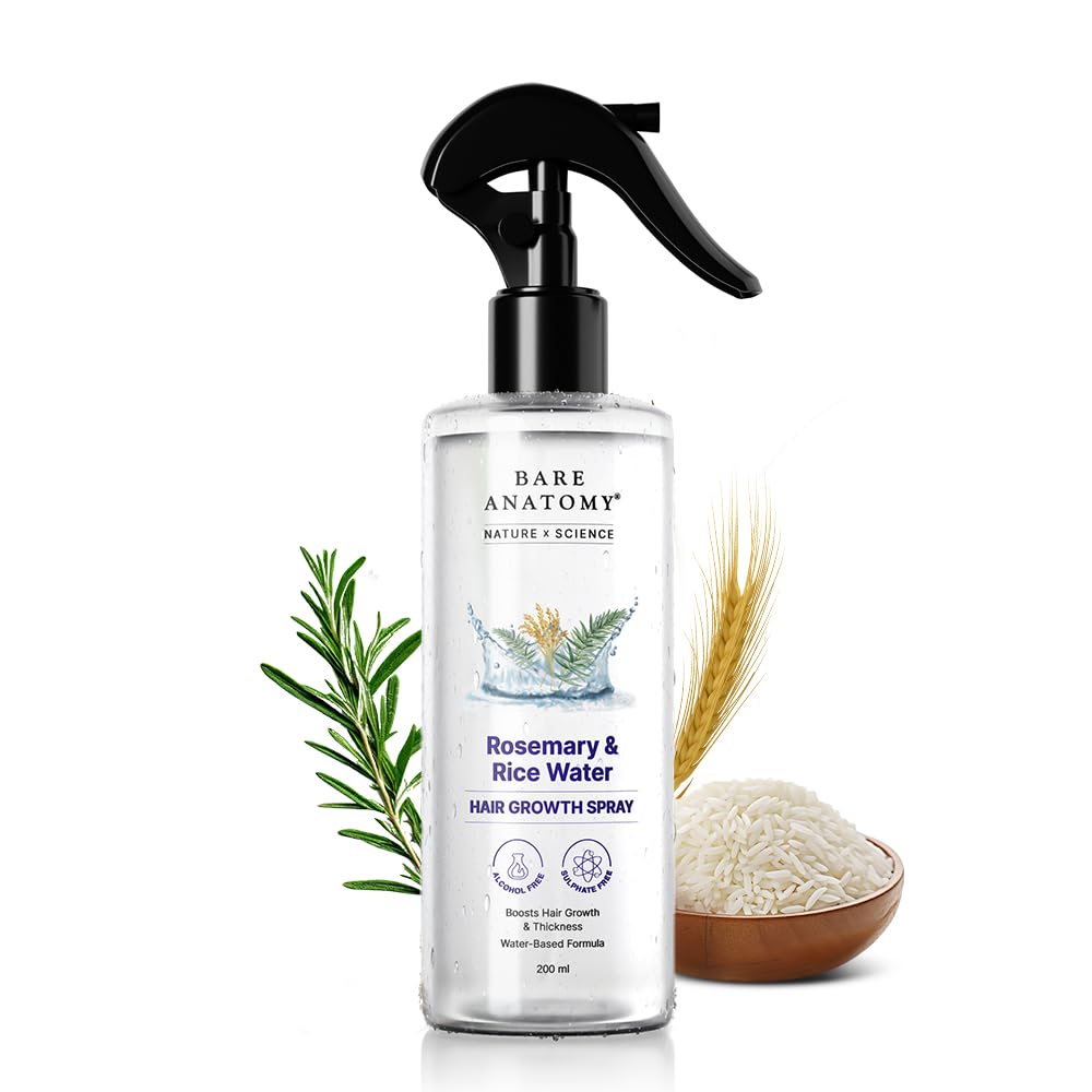 Bare Anatomy Rosemary Water Spray for Hair Growth & Thickness with Rice Water | 100% Natural Extract for Soft, Smooth Hair | Controls Hair Fall | Non-Greasy & Fast Absorbing | 200ml | Perfect for Daily Hair Care & Scalp Hydration