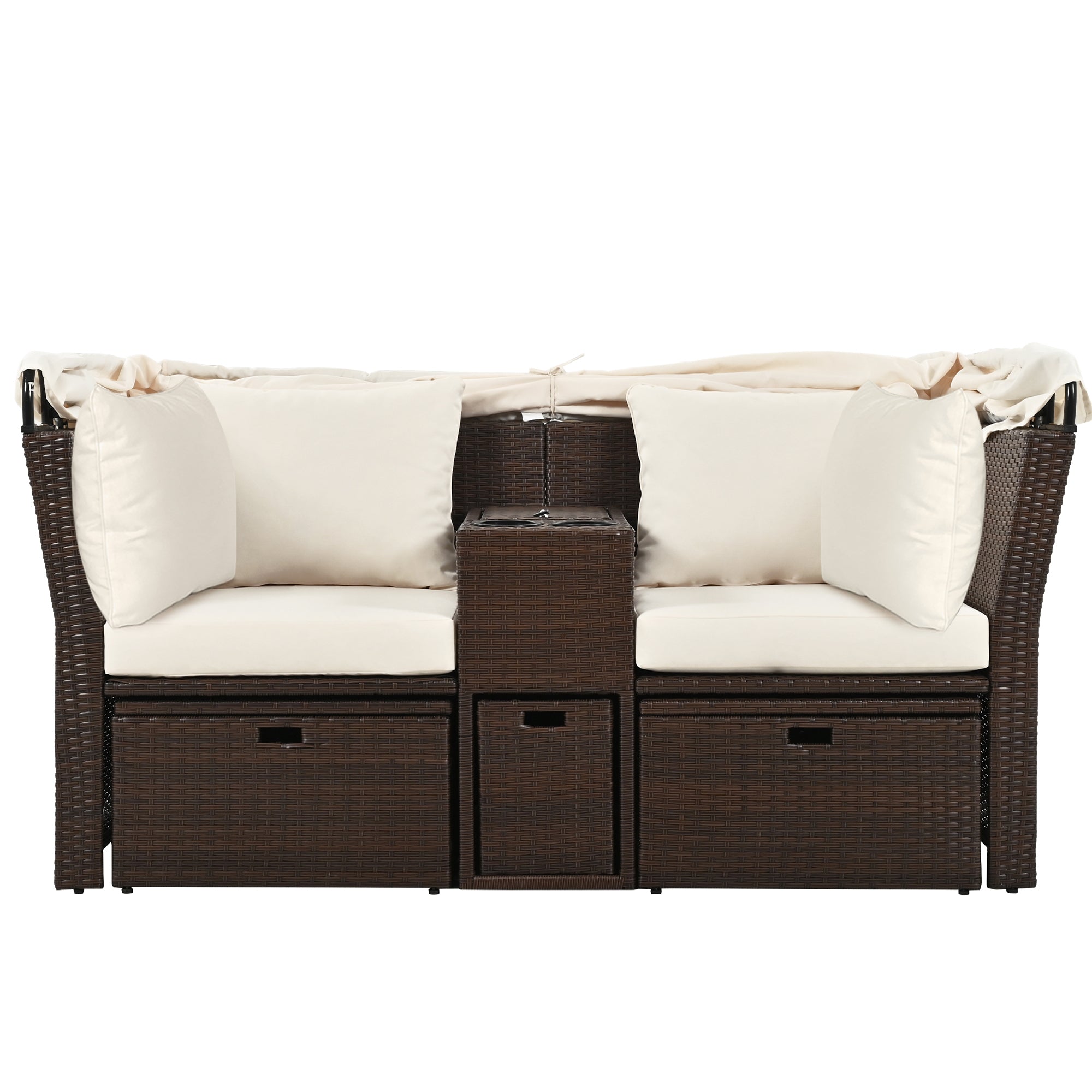 2 Seater Outdoor Patio Daybed with Foldable Awning & Cushions - Double Loveseat Sofa Set for Garden, Balcony, Poolside - Perfect for Relaxing, Sunbathing & Outdoor Lounging (Beige)