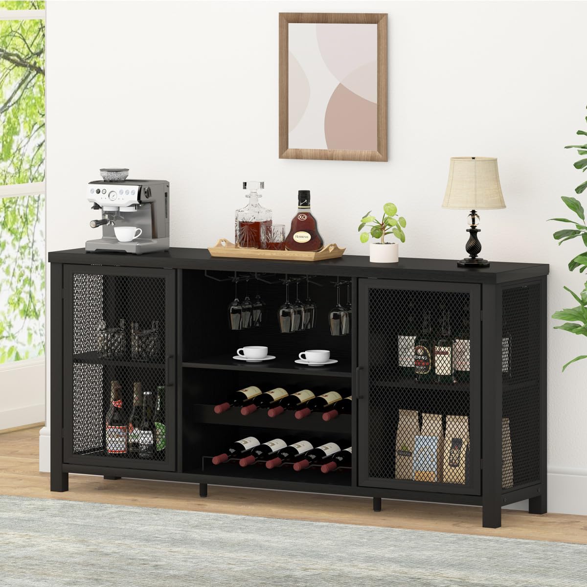 Black Oak Wine Bar Cabinet with Storage - 55 Inch Farmhouse Kitchen Buffet Cabinet for Liquor & Coffee Display | Industrial Style Home Bar for Dining Room & Living Room | Perfect for Entertaining Guests & Organizing Beverages
