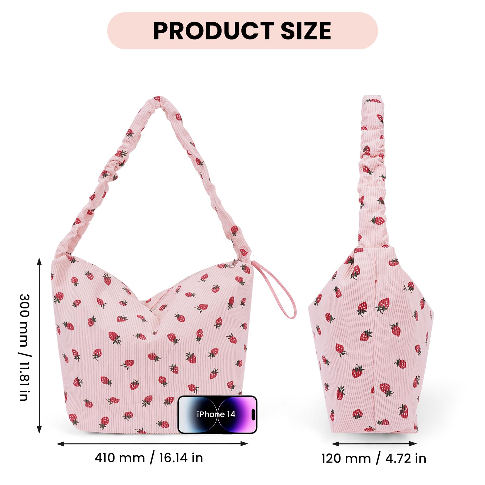 Stylish Corduroy Strawberry Tote Bag for Women - Cute Zippered Shoulder Purse & Hobo Bag | Perfect for Work, Shopping & Casual Outings