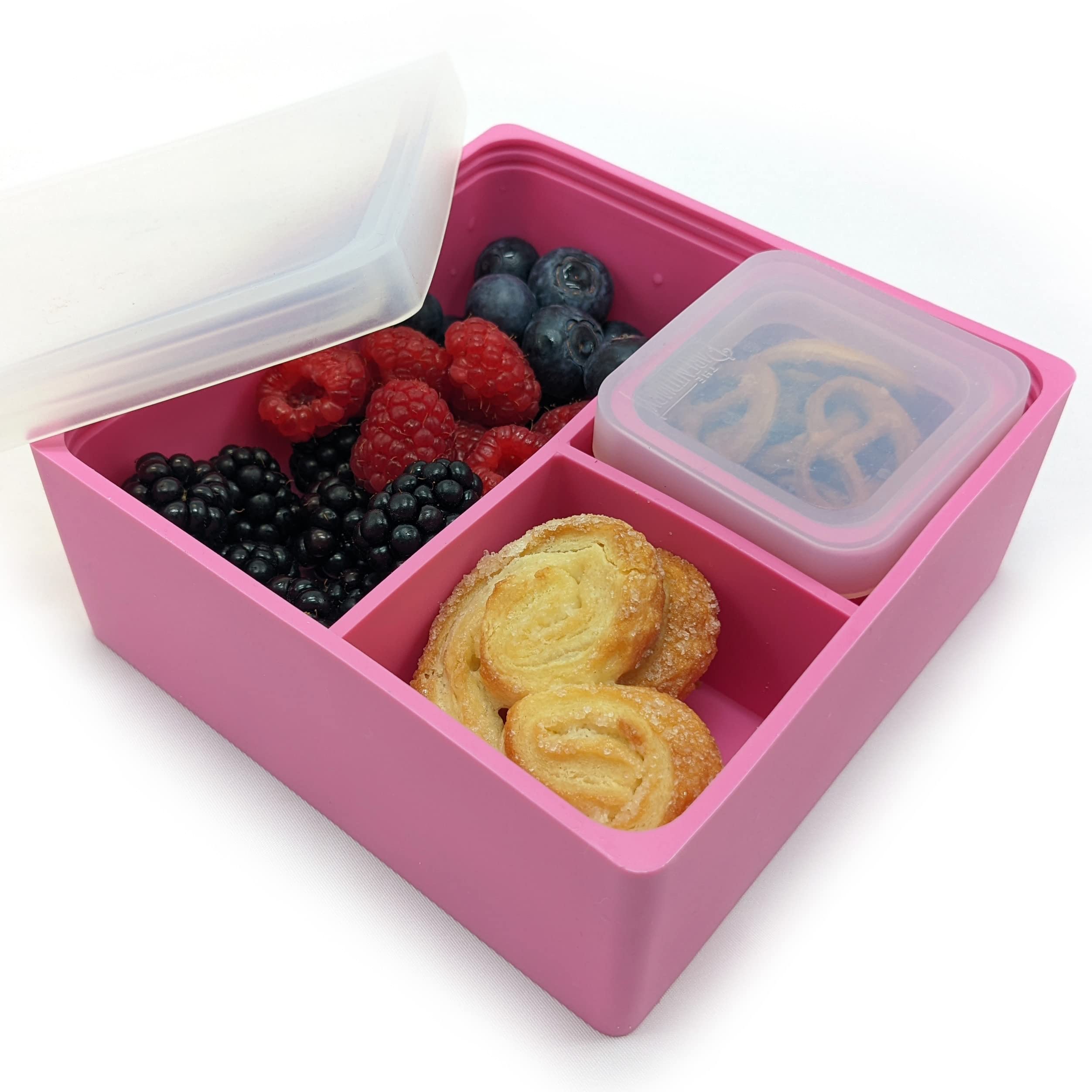 BPA-Free Silicone Lunch Box for Kids & Adults | 3-Compartment Meal Prep Food Storage Containers with Dividers | Reusable & Leak-Proof Silicone Lids | Microwave, Dishwasher & Freezer Safe | Perfect for School, Office & Picnic (Pink)