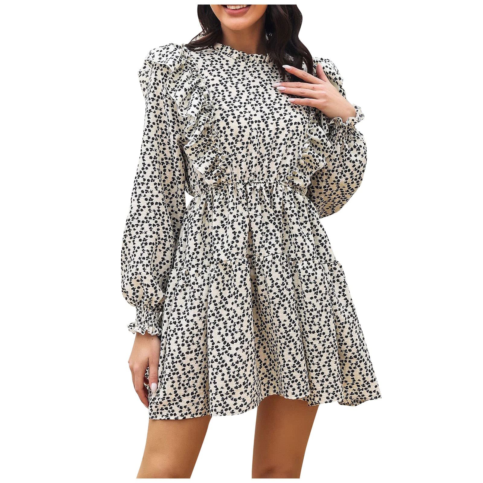 Elegant Women's Maxi Dress with Ruffled Trim, Stand Collar & Long Sleeves - Floral Print High Waist Party Dress for Weddings, Cocktail Events & Evening Occasions