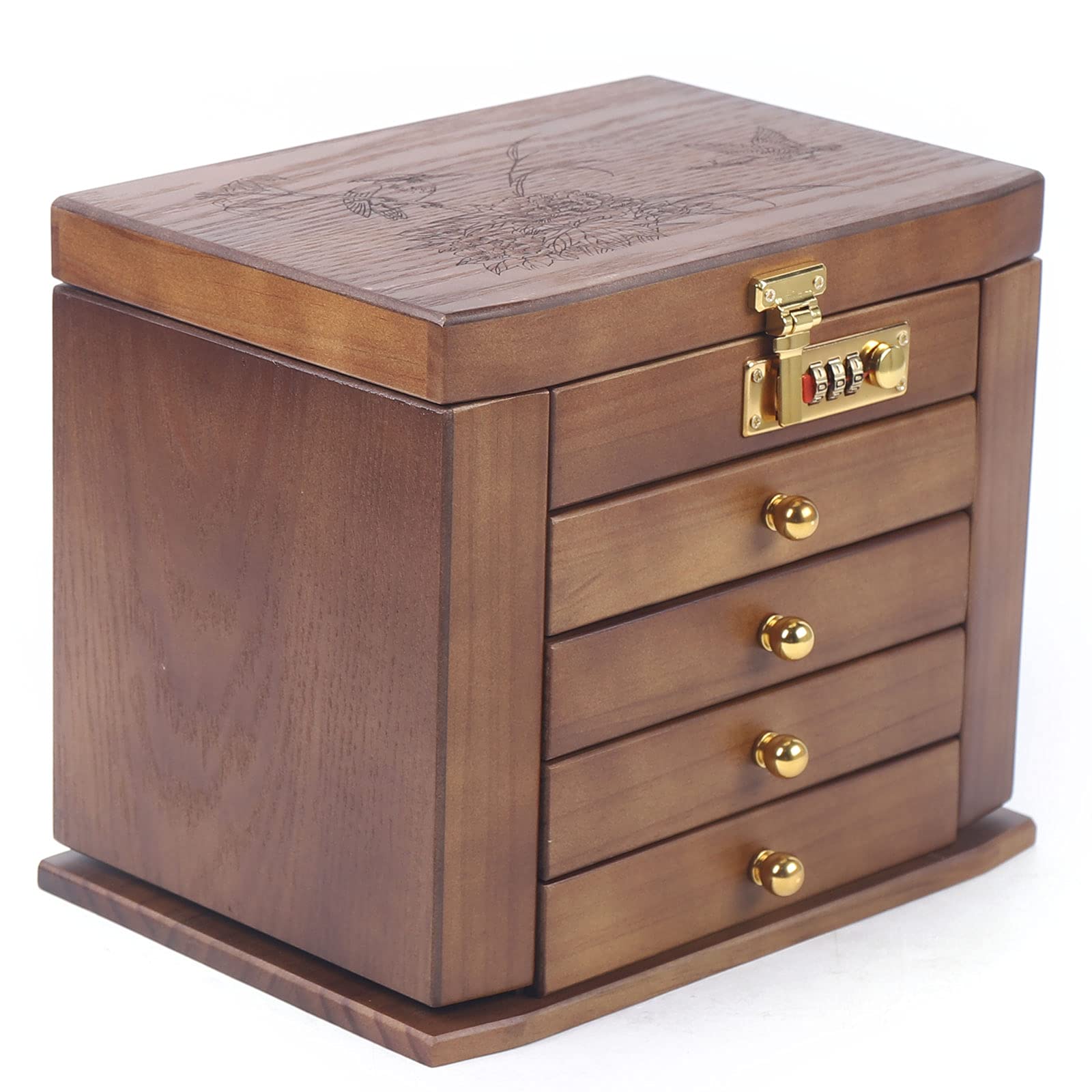 5-Layer Wooden Jewelry Box with Combination Lock & Mirror - Vintage Jewelry Organizer for Necklaces, Rings, Earrings - Perfect for Travel, Home Storage & Gift Giving