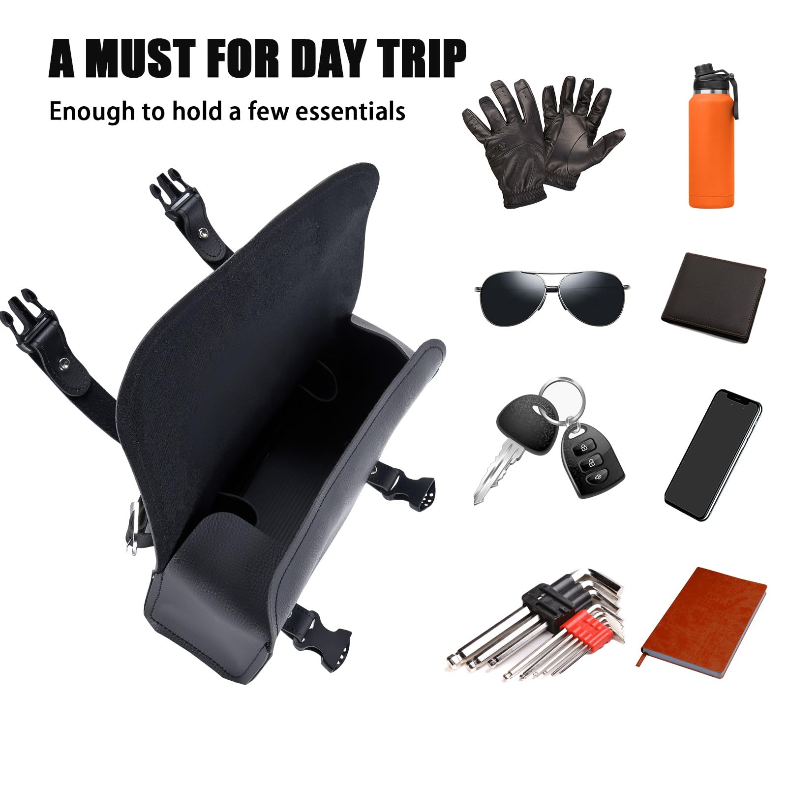 Universal Motorcycle Tool Bag - Black Handlebar & Fork Storage Saddlebag (12”x3.5”x4.75”) | Waterproof Motorcycle Accessories for Cruiser, Harley, Touring Bikes | Perfect for Road Trips & Daily Commutes