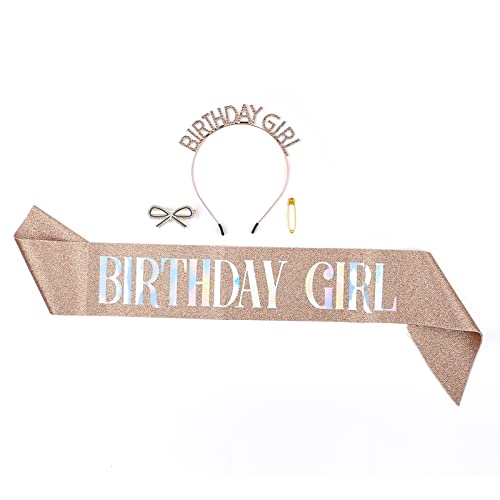 Sparkling Rose Gold Birthday Tiara for Women - Rhinestone Crown Headband with Hair Clip & Sash - Perfect for Birthday Princess Parties, Bachelorette Celebrations & Special Occasions