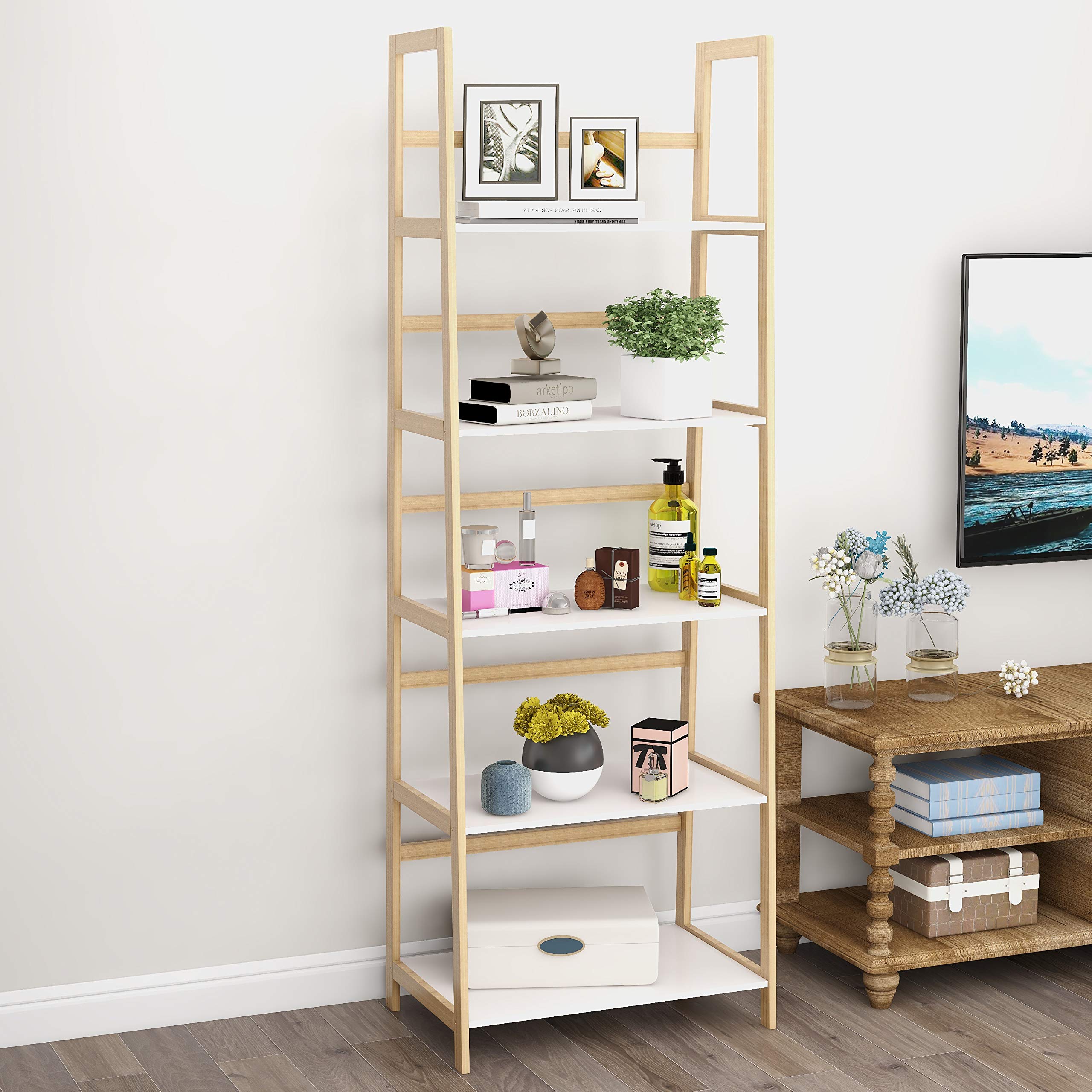 5-Tier Bamboo Ladder Bookshelf - Modern Wooden Bookcase & Freestanding Storage Shelf for Home, Office, Bedroom - Perfect for Books, Plants & Bathroom Organization