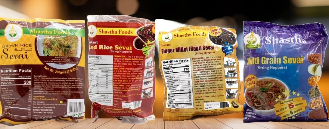Shastha Rice Sevai Combo Pack A - 4 Varieties (Red Rice, Multigrain, Ragi & Brown Rice) - 200g Each - Healthy Indian Noodles for Breakfast, Lunch & Dinner - Perfect for Vegan & Gluten-Free Diets