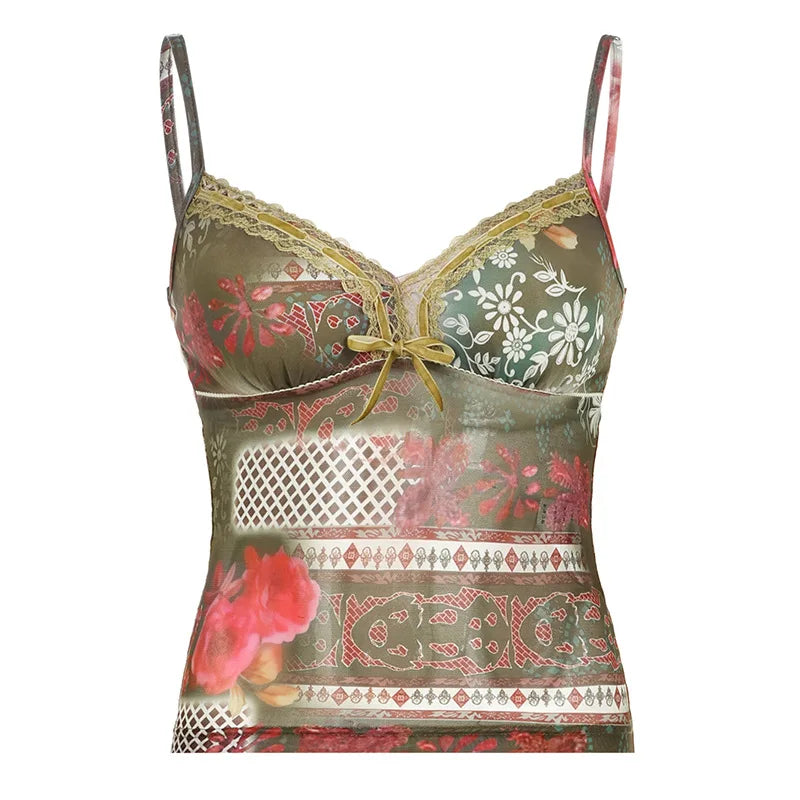 2000s Y2K Women's Summer Tops - Retro Floral Print Mesh Sheer Bow Lace Trim V-Neck Tank Tops & Camisoles | Vintage Fashion for Casual Wear, Beach Outfits & Music Festivals