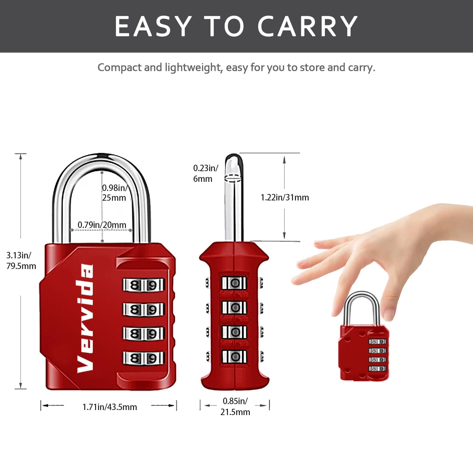 Vervida 2-Pack Heavy Duty 4-Digit Resettable Combination Padlock - Secure Gym Lockers, School Lockers, Sports Equipment, Fences, Toolboxes & Storage Hasps (Red) - Ideal for Outdoor, Travel & Home Security Use