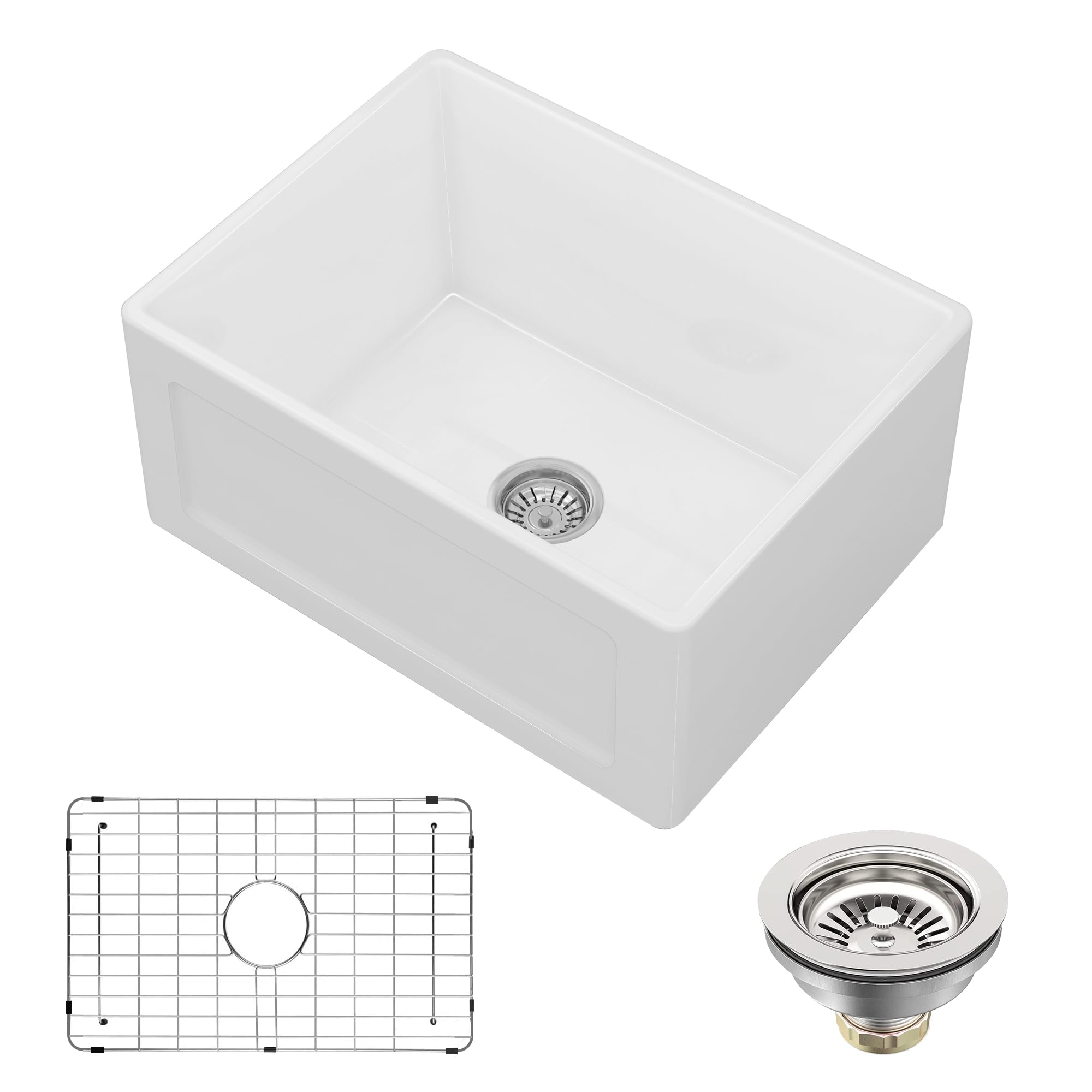 24 Inch White Ceramic Kitchen Sink - Single Bowl Reversible Design with Bottom Grid & Basket Strainer | Durable HERCATE Sink for Modern Farmhouse, RV & Small Kitchen Remodeling