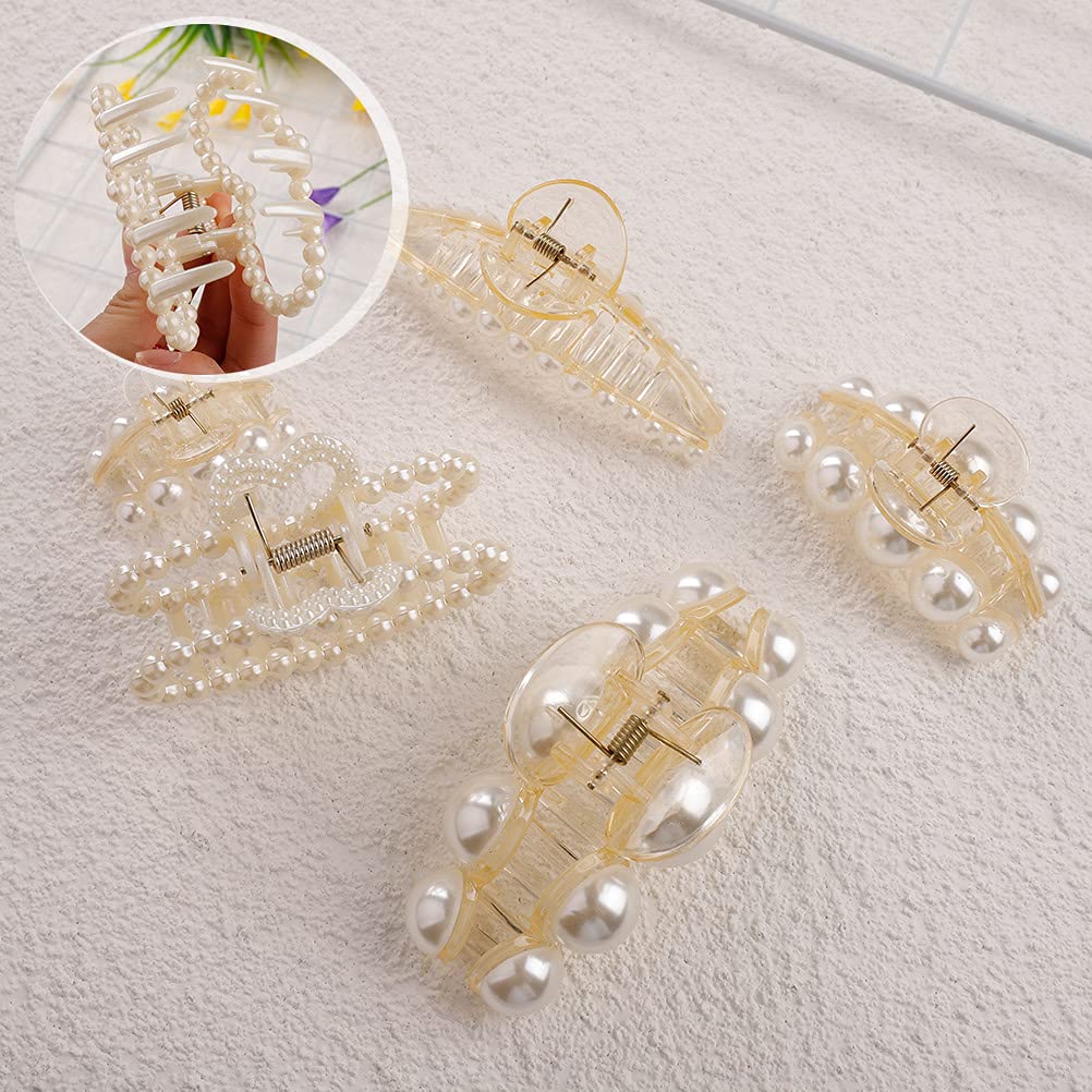 5Pcs Pearl Hair Clips for Women - Non-Slip Strong Plastic Hair Claw Clips for Thick & Fine Hair - Elegant Hair Accessories for Parties, Weddings & Daily Use