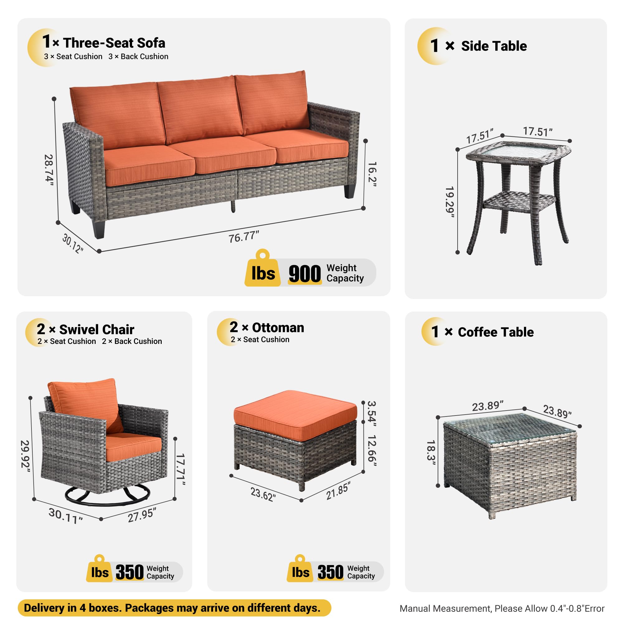 Ovios 7-Piece Patio Furniture Set - Outdoor Wicker Sofa with Rocking Swivel Chairs & Coffee Table, High Back Conversation Set for Yard, Deck, Porch (Orange Red) - Perfect for Backyard Relaxation, Garden Parties & Outdoor Entertaining